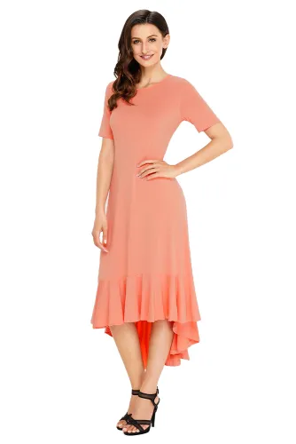 Coral Flowy Ruffles Short Sleeve Casual Dress