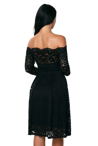 Black Long Sleeve Floral Lace Boat Neck Cocktail Swing Dress