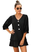 Black Casual Loose V Neck Short Swing Dress