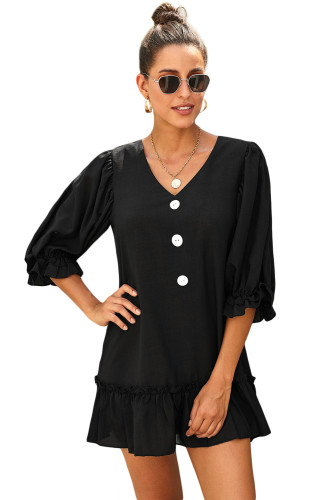 Black Casual Loose V Neck Short Swing Dress