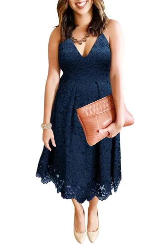 Blue Lace Floral V Neck Backless Cocktail A-Line Dress
