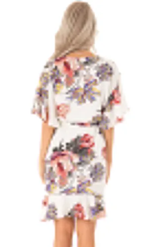 White Floral Print V Neck Wrap Dress with Ruffle Sleeves