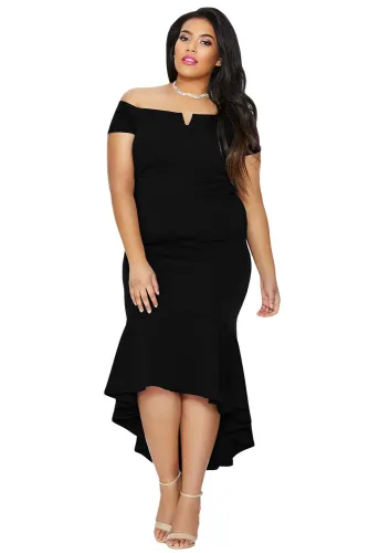 Black Plus Size Dip Hem Fishtail Midi Dress