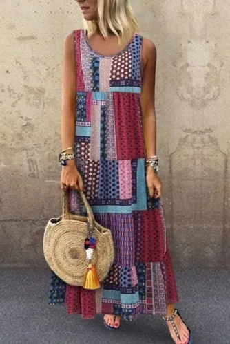 Purple Bohemian Splicing Round Neck Sleeveless Dress