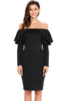 Black Ruffle Off The Shoulder Long Sleeve Bodycon Dress