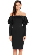 Black Ruffle Off The Shoulder Long Sleeve Bodycon Dress