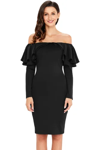 Black Ruffle Off The Shoulder Long Sleeve Bodycon Dress