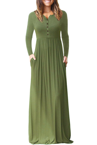 Army Green Long Sleeve Buttoned Casual Maxi Dress