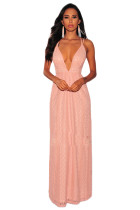 Pink Nude Illusion Crisscross V Neck Evening Dress