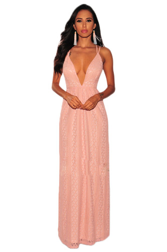 Pink Nude Illusion Crisscross V Neck Evening Dress