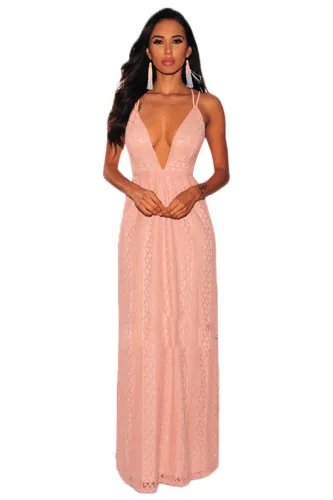Pink Nude Illusion Crisscross V Neck Evening Dress