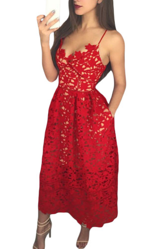Burgundy Lace Hollow Out Nude Illusion Party Dress