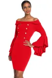 Red Double Breasted Button Off Shoulder Dress