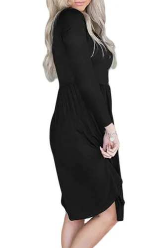 Black Long Sleeve Button Ruffled Irregular Hem Swing Dress