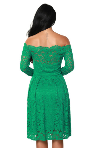 Green Long Sleeve Floral Lace Boat Neck Cocktail Swing Dress