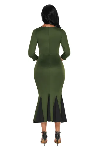 Olive Keyhole Front Flounce Hem Vintage Dress