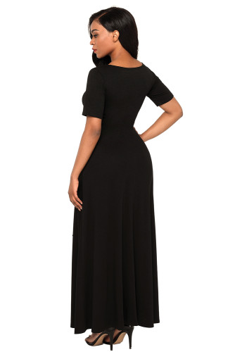 Black Wrap Gather Waist A-line Maxi Dress