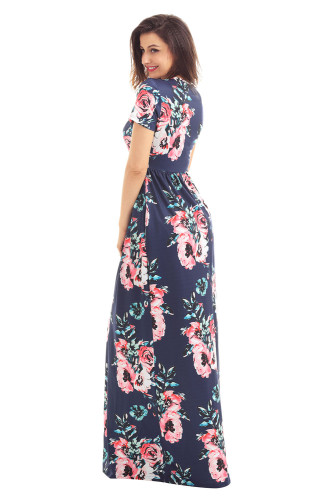 Pocket Design Short Sleeve Navy Blue Floral Maxi Dress