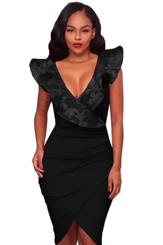 Black Ruffle V Neck Detail Midi Dress