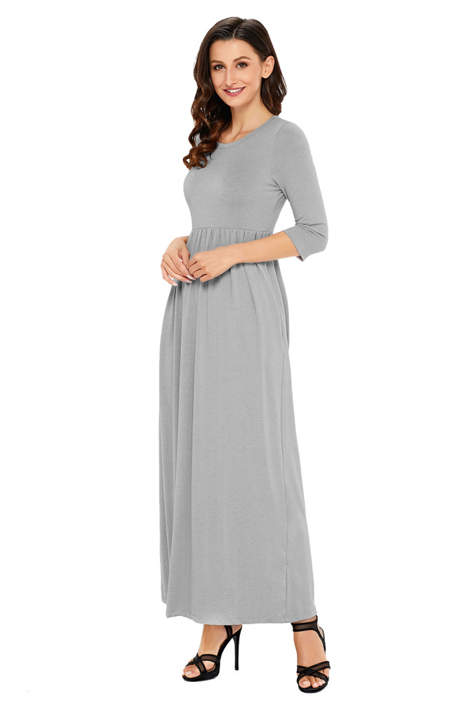 Grey Pocket Design 3/4 Sleeves Maxi Dress