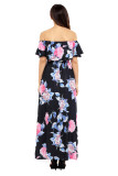 Flower Print Black Grounding Off Shoulder Long Boho Dress