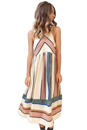Apricot Striped Bohemian Fashion Midi Dress