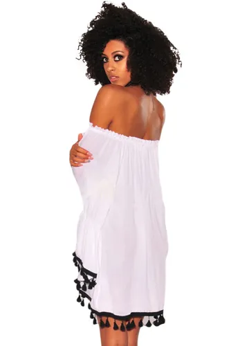 White Off Shoulder Black Tassel Trim Dress