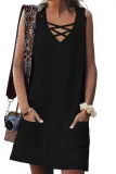 Black Cross V Neck Buttoned Pockets Dress