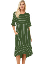 Green White Striped Bell Sleeve Hi-low Midi Dress