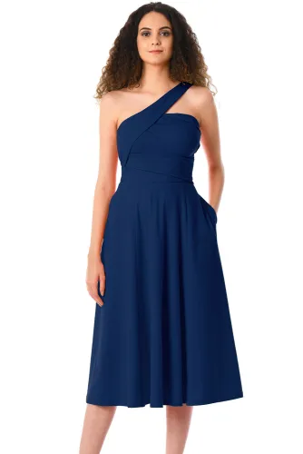 Navy Asymmetric One Shoulder Flared Midi Dress
