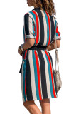Four Color Striped Print Button V Neck Shirt Dress