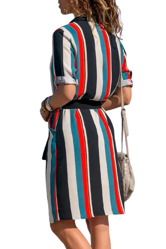 Four Color Striped Print Button V Neck Shirt Dress