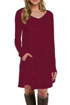 Burgundy Long Sleeve Pocket Casual Loose T-shirt Dress