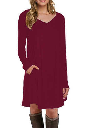 Burgundy Long Sleeve Pocket Casual Loose T-shirt Dress