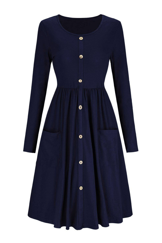 Navy Casual Buttoned Long Sleeve Swing Dress