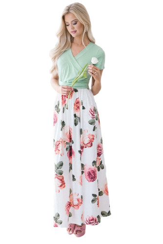 Mint White Floral Pocket Style Long Summer Dress