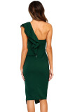 Hunter Green Asymmetric Ruffled One Shoulder Midi Dress