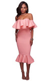 Pink Ruffle Off Shoulder Mermaid Midi Party Dress