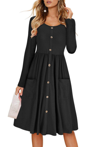 Black Casual Buttoned Long Sleeve Swing Dress