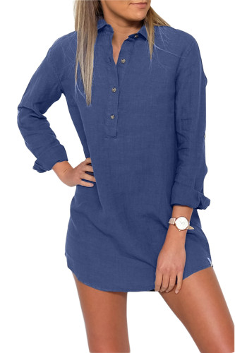Navy Blue Button Neck Long Sleeve Shirt Dress