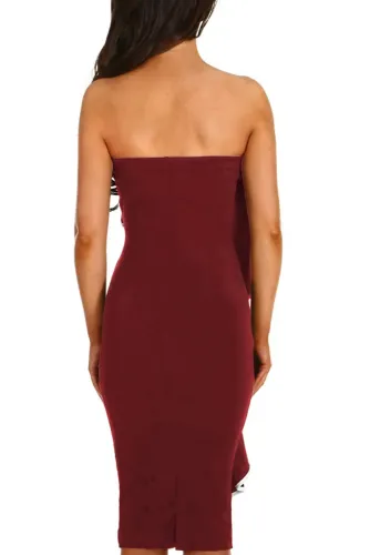 Wine Frill Strapless Midi Dress