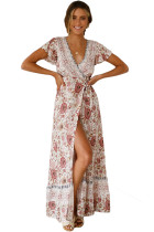 White V-Neck Beach Resort Printed Dress