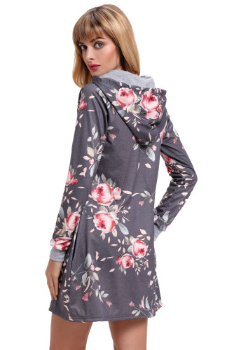 Grey Floral Print Drawstring Hoodie Dress