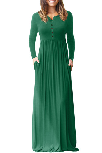 Hunter Green Long Sleeve Buttoned Casual Maxi Dress