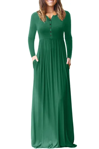 Hunter Green Long Sleeve Buttoned Casual Maxi Dress