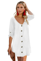 White V Neck Button Front Roll up Tab Sleeve Dress