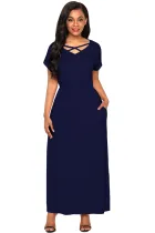 Navy Blue Crisscross V Neck Short Sleeve Maxi Jersey Dress