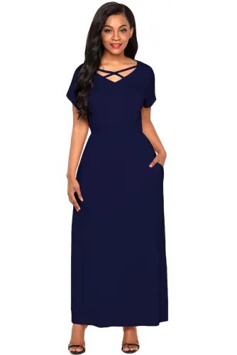 Navy Blue Crisscross V Neck Short Sleeve Maxi Jersey Dress