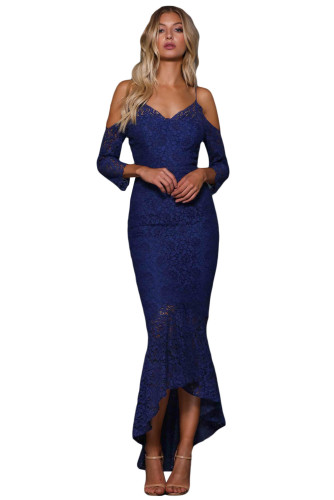 Navy Blue Lace Cold Shoulder Elegant Mermaid Party Dress