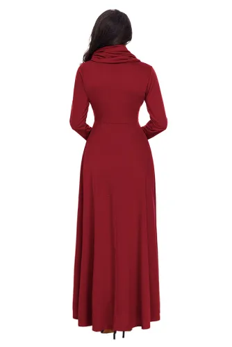 Wine Cow Neck Long Sleeve Maxi Dress